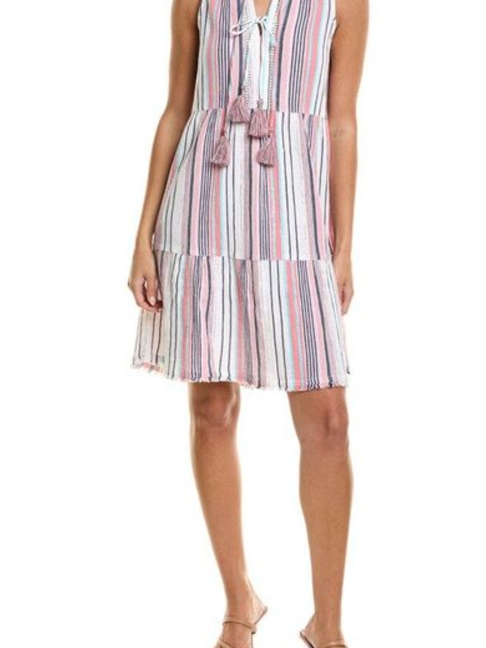 Tommy Bahama Pink, White, Navy and Silver Striped, Tassel Tie-Front, Mini Dress